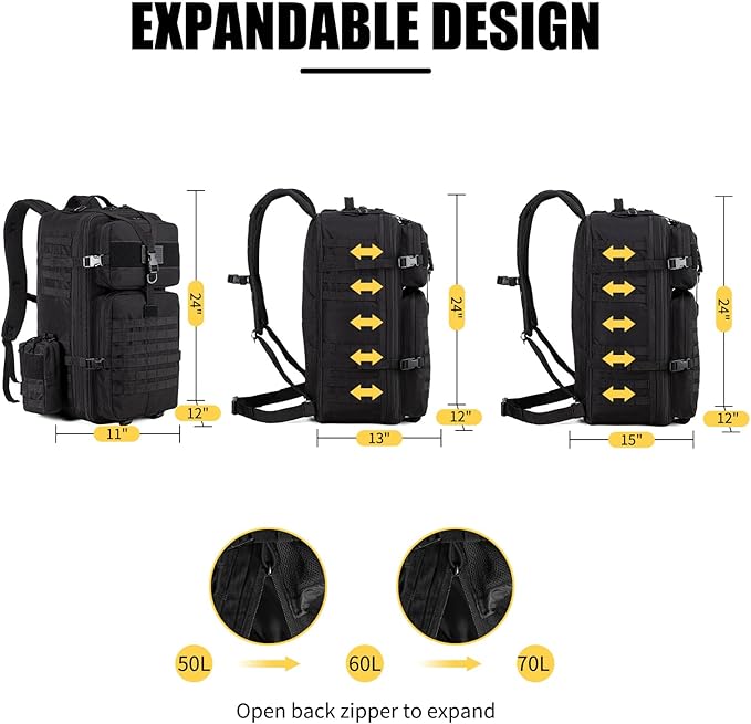 Tactical Backpack for Men, 50L/60L/70L Expandable Military tactical Backpack, Waterproof MOLLE Hiking & Camping Rucksack with Water Bottle Bag, Assault Pack & Bug Out Bag for Outdoor