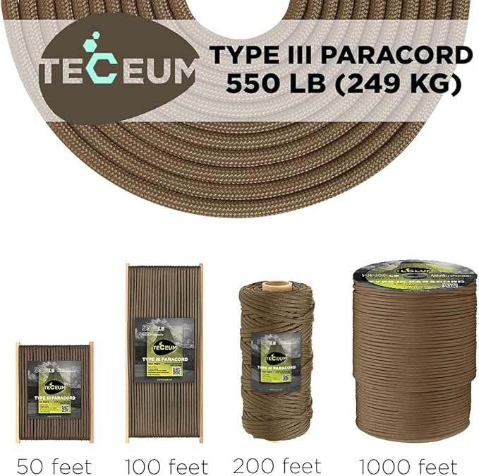 TECEUM 5/32" Paracord Rope 1000 – 1000ft / 200ft / 100ft / 50ft – Tactical Parachute Cord 4mm – 45+ Colors – Nylon String for Survival & Camping Gear – Stripe Cord for Survival – Utility Rope
