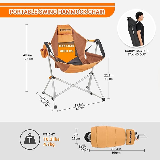 KingCamp Hammock Chair with Footrest, Swinging Portable Folding Camping Chairs for Adults MAX 440lbs Heavy Duty Foldable Oversized Rocker with Cup Holder Pillow for Outdoor Beach Patio Sport Lawn