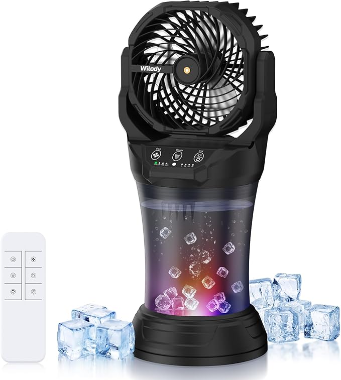 Misting Fan Portable Camping Fan 42800mAh Battery Powered with Remote Control, RGB Ambient Light with 2L Bucket, Battery Indicator, 120° Auto Oscillating, Timing Function, Grip Handle