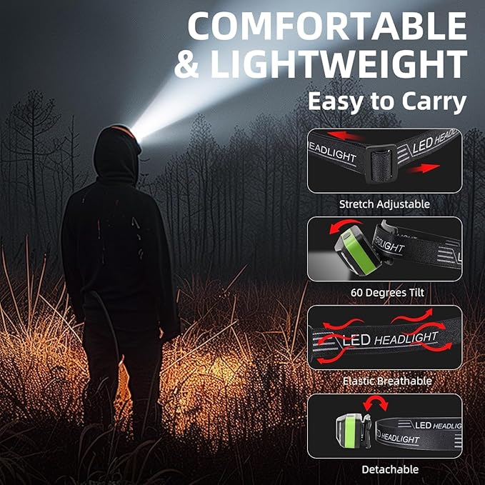 6 Pack Rechargeable Headlamp Flashlight, LED Head Lamp with White Red Light, Super Bright USB-C Headlight Motion Sensor Head Lamp for Adults 11 Mode Outdoor Camping Running Hiking Fishing