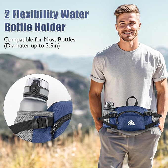 Fanny Pack Waist Bag with Water Bottle Holder for Men Women Running Hiking Travel Dog Walking Workout Cycling Outdoor (Dark Blue)