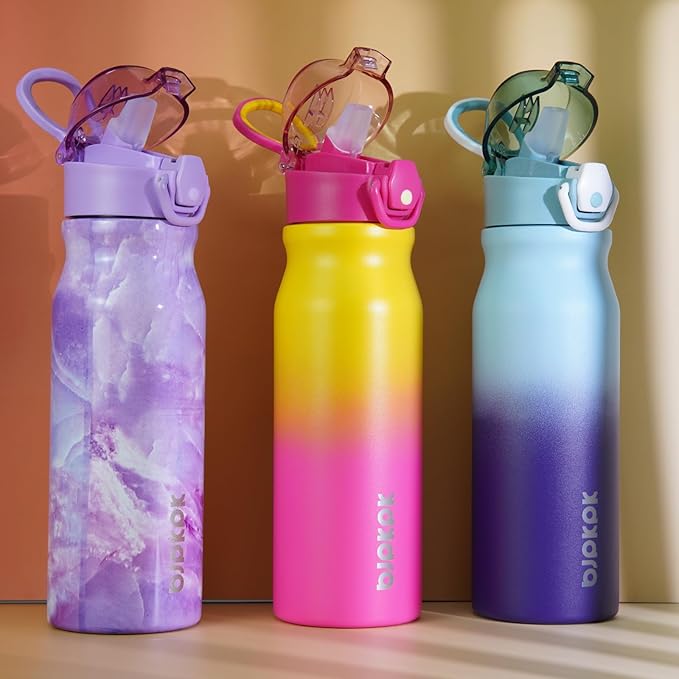 BJPKPK 25oz Insulated Water Bottle With Straw Stainless Steel Double Wall Water Bottles BPA Free Leak Proof Thermo With Lockable Flip Lid And Soft Silicone Spout,Rainbow