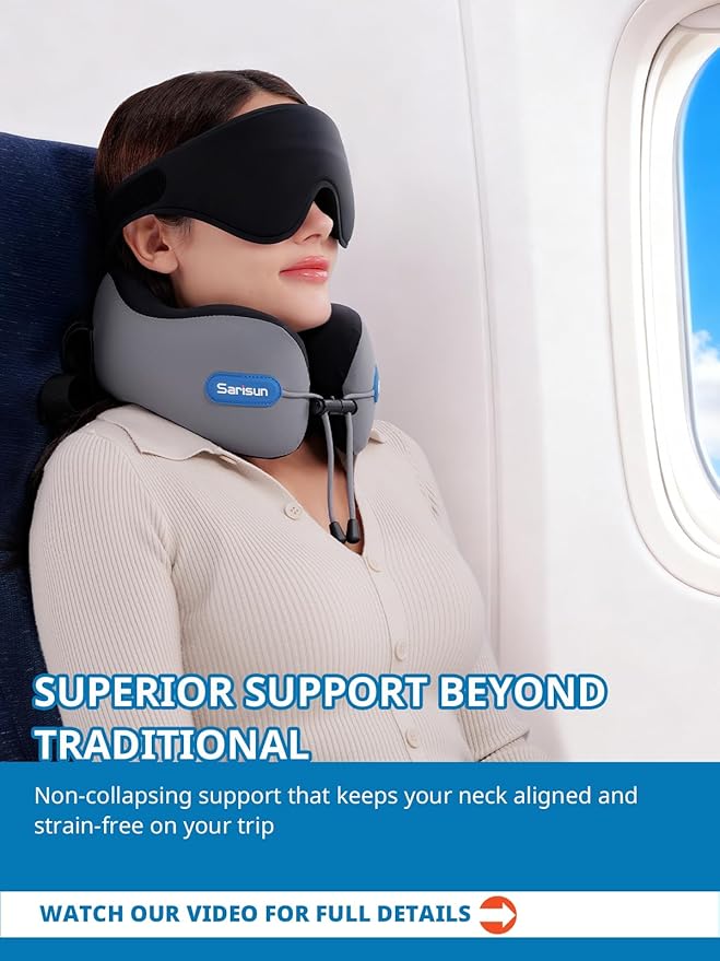 SARISUN Travel Pillow for Airplane,Neck Pillow with Strap,Combo 3D Eye Mask for Sleep,Dual-Density Supportive Foam Travel Neck Pillow for Airplane Flights,Car Road Trip Travel Essentials Pink