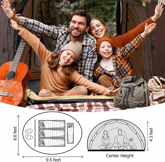 4 Person Easy Pop Up Tent,9.5’X6.6’X52'',Waterproof, Automatic Setup,2 Doors-Instant Family Tents for Camping, Hiking & Traveling
