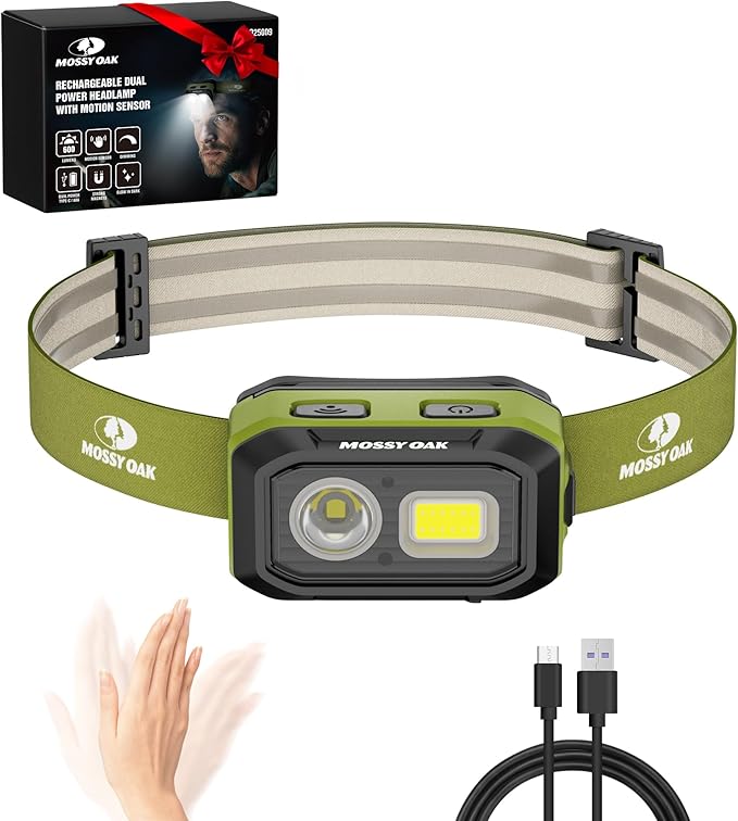 Mossy Oak 600 Lumens LED Headlamp, Dual Power Source, Motion Sensor Head Lamp with Magnetic Base, Stepless Dimming, Memory Mode for Camping, Running, Hiking