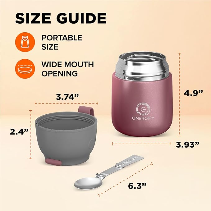 ENERGIFY Vacuum Insulated Food Jar. Large 17oz Bowl incl. Folding Spoon, Cup. Wide Mouth Keep Hot & Cold Drinks Soup Lunch Container for Adults. BPA-Free Stainless Steel, Leak Proof Rose Gold