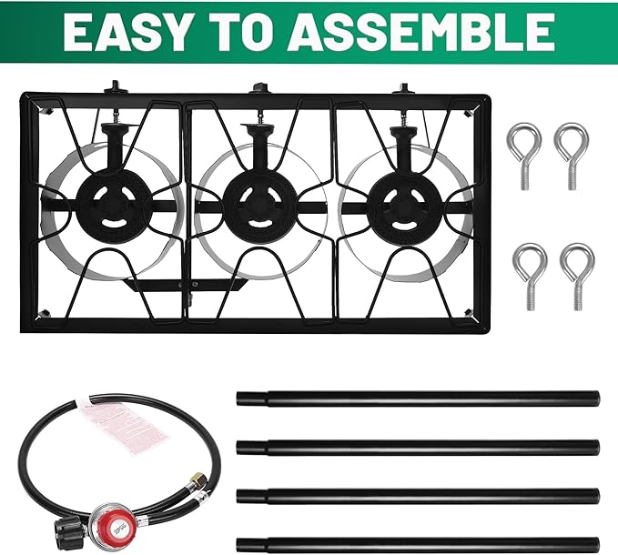 Outdoor Camping Stove, 225000 BTU, Propane Gas Cooker with Detachable Legs, High Pressure 3 Burner, 30 PSI Regulator