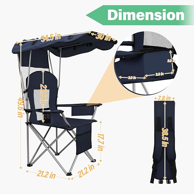 BDL Camping Chair with Canopy Shade Portable Folding Beach Chairs with Cooler, Mesh Backrest, Cup Holder, and Pocket for Camping, Fishing, Beach, and Sports,Blue