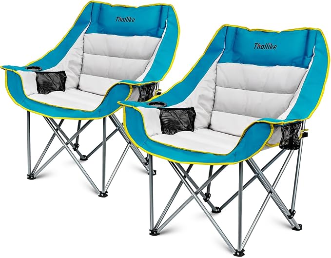 Oversized Camping Chair, Portable Folding Padded Camping Chairs with Cup Holder and Carry Bag, Heavy Duty Outdoor Camping Chairs for Adults, Up to 400Lb, for Fishing (Blue-2 Pack)