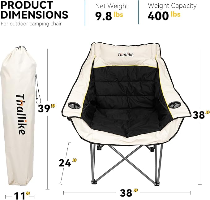 Oversized Camping Chair, Portable Folding Padded Camping Chairs with Cup Holder and Carry Bag, Heavy Duty Outdoor Camping Chairs for Adults, Up to 400Lb, for Fishing (Black-2 Pack)