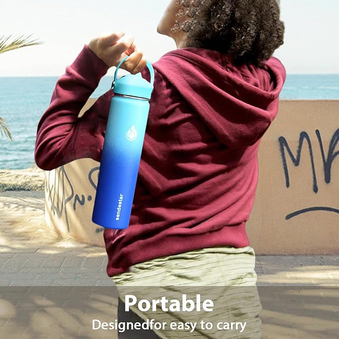 SENDESTAR Stainless Steel Wide Mouth Water Bottle 24oz Double Wall Vacuum Insulated Leak Proof Bottle with New Flex Straw Lid & Spout Lid XIN-MI-0750-1
