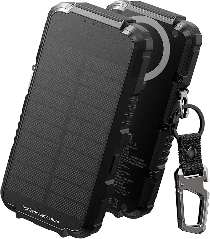 Dexnor Solar Charger Power Bank 27,000mAh, 65W PD3.0 & QC3.0 Fast Charging Powerbank External Battery Pack Portable Wireless Chargers with Flashlight and Carabiner, Compatible with MagSafe & Qi