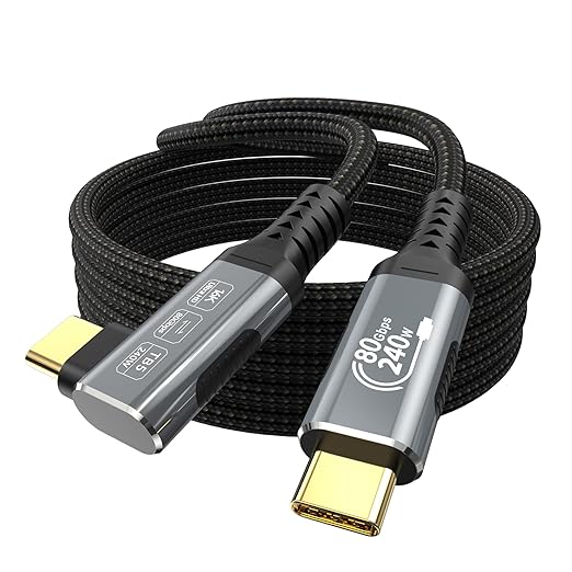 80Gbps Right Angle USB 4 Cable for Thunderbolt 5 Cable 1.6FT, 240W Charging, Up to 120Gbps Bandwidth for 16K/Dual 8K, Braided USB C to USB C Cable for Thunderbolt 4, Macbook Pro, iPhone 17, SSD