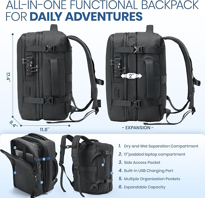Fanwoli Vacuum Travel Backpack, Carry On Luggage with TSA Lock & Anti Theft Zipper, Expandable Airback with Compression Pump, Waterproof Laptop Bag Ideal for Flight & Business