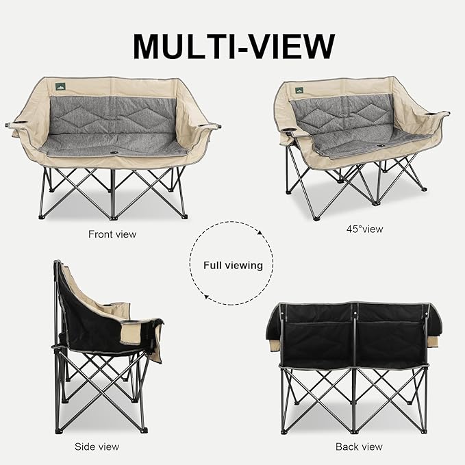 Northroad Folding Loveseat Camping Chair Portable Double Duo Full Padded Garden Chair for 2 Person Sofa w/ 2 Cup Holder,Wine Glass Holder,Mesh Storage,Support 600lbs for Picnic Beach Travel (Beige)