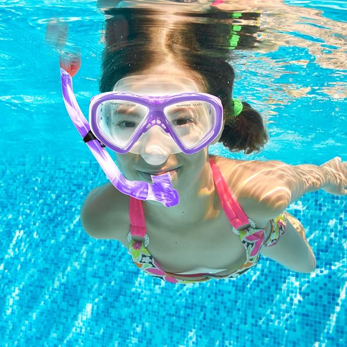 Kids Snorkel Set Dry Top Snorkeling Gear for Kids Youth Boys Girls Junior Age 5-15,Tempered Glass Swimming Diving Mask and Snorkel Set 180 Degree Panoramic View