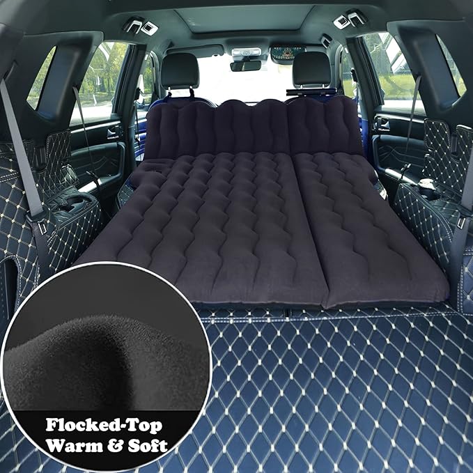 SUV Air Mattress with Cup & Phone Holder, Flocked-Top Car Mattress with 2 Air Pillows & Electric Air Pump, Perfect for Camping, Travel, and Road Trips (Black)