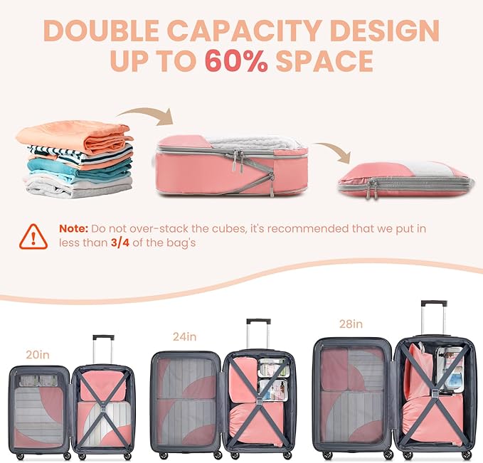 10 Set Compression Packing Cubes, Lightweight Travel Essentials, Stretchable Expandable Storage Bags, Compression Bags for Travel Accessories Luggage Storage Set (Pink, 10 set)