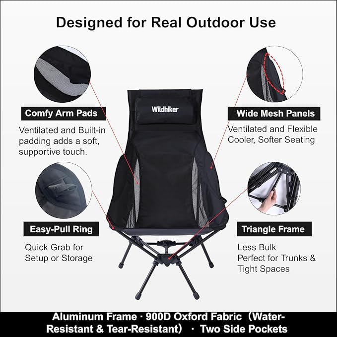 Wildhiker Portable Compact Folding Camping Chairs – Lightweight High Back with Pillow, Deep Recline, ArmPads, Side Pockets-for Motorcycle, RV, Backpacking,Travel，Festival – Black