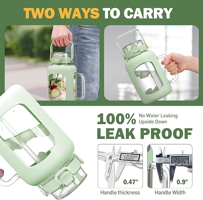 BLUEGO Water Bottle 64 oz Tumbler with Lid and Straw, Glass Water Bottle with Straw, Water Tumbler with Handle Half Gallon Water Jug Large Waterbottle for Daily Water Intake, BPA Free, Light Green