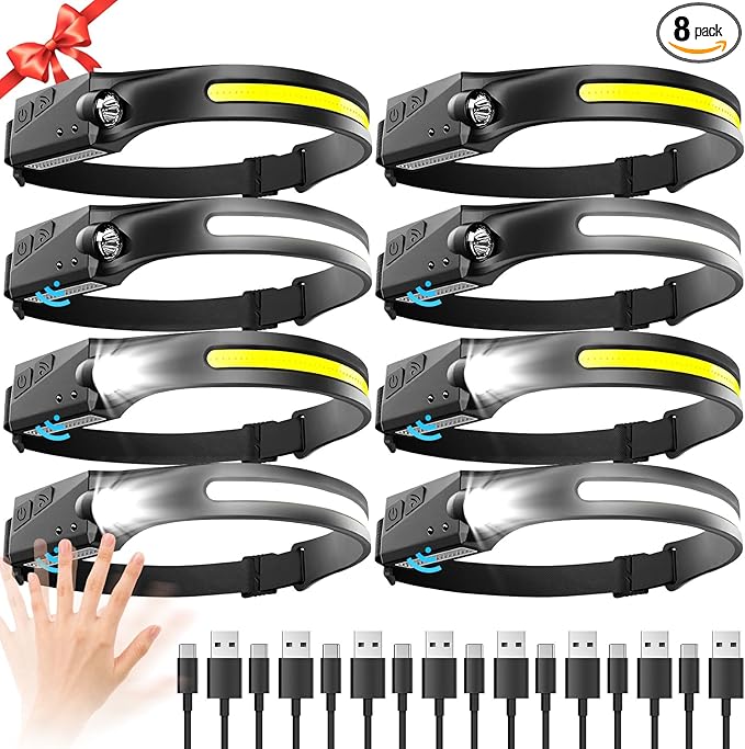 Headlamp Rechargeable 8 Pack, LED Headlight Flashlight Super Bright with 230° Wide Beam, Motion Sensor, 5 Modes Waterproof Head Lamp for Outdoor Hiking Running Camping