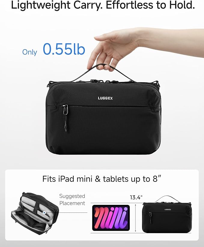 LUGGEX Large Travel Tech Pouch, CBX01 Cable Organizer Bag with Strap for Kindle, Chargers, Cord, Double Accessories & Water Resistant