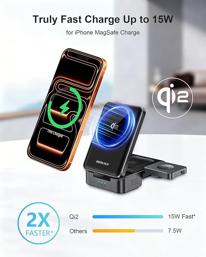Foldable 3-in-1 Wireless Charger for Apple Devices, Qi2 15W Magnetic Fast Charging Dock for iPhone 17/16, Apple Watch, AirPods and More, (45W USB-C Charger & 5ft Type-C Cable Included)