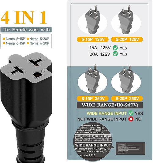 15FT NEMA 5-15P to 5-15R/ 5-20R/ 6-15R/ 6-20R AC Adapter, Plugrand 12AWG 15 Amp Household AC Plug to 20 Amp T Blade Adapter Cable, 15A 125V to 20A 250V Extension Cable, 15FT, Black