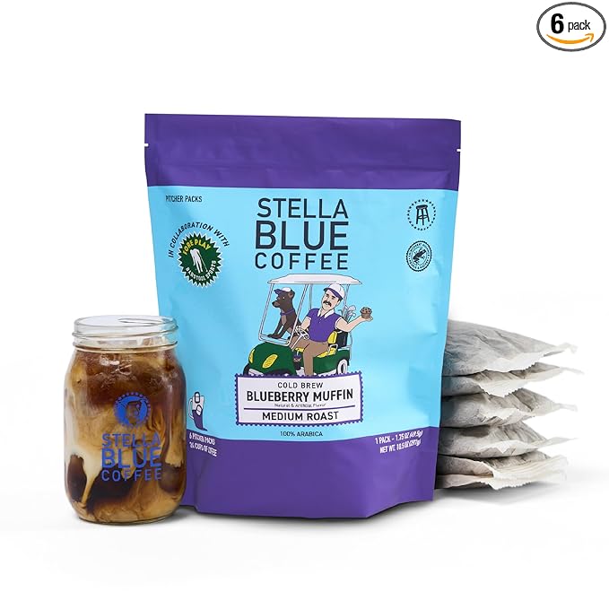Stella Blue Cold Brew Coffee Packets, Blueberry Muffin, Medium Roast Ground Coffee, Blueberry, Warm Cinnamon and Brown Sugar Notes, 100% Arabica, 6 Brew Packets, Makes 24 Bold Cups