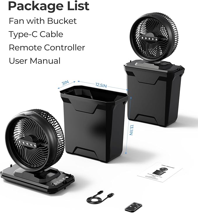 Koonie 10 Inch Camping Misting Fan 11L Tank, 20000mAh Cooling Battery Floor Fan with Remote, 4 Timers, 4 Speeds, 3 Mist Modes, 45°/90° Oscillation, 10° Tilt, Portable for Outdoors Patios, Travel