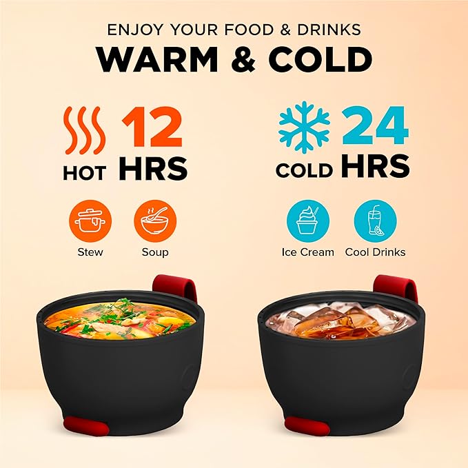 ENERGIFY Vacuum Insulated Food Jar. Large 17oz Bowl incl. Folding Spoon, Cup. Wide Mouth Keep Hot & Cold Drinks Soup Lunch Container for Adults. BPA-Free Stainless Steel, Leak Prooff Radiant red