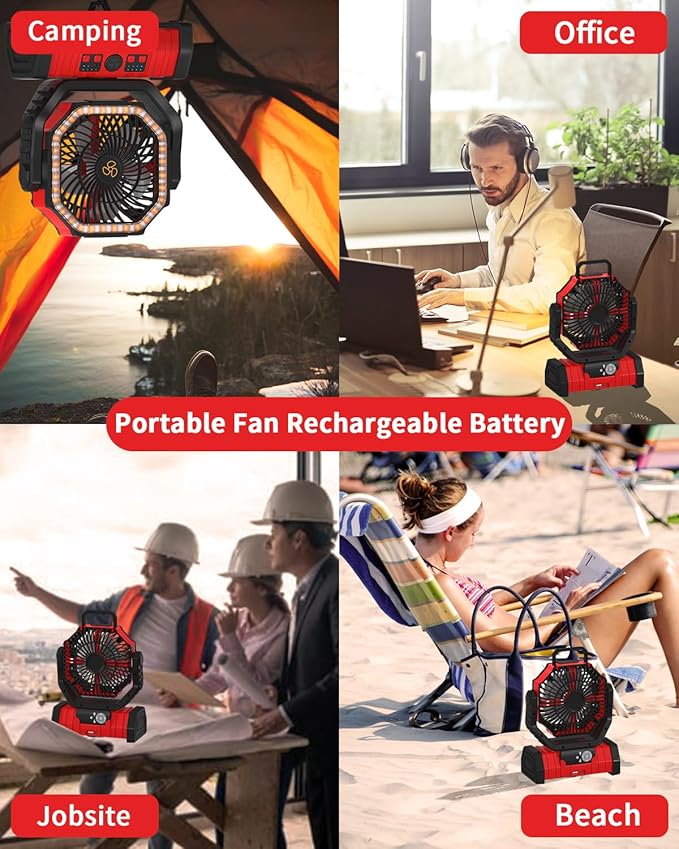 ADUST Camping Portable Battery Operated Powered Fan with LED Lantern Light 20000mAh Rechargeable, Oscillating Fan with 360° Rotation Hanging Hook for Tents, Cordless USB Desk Fan(Red)