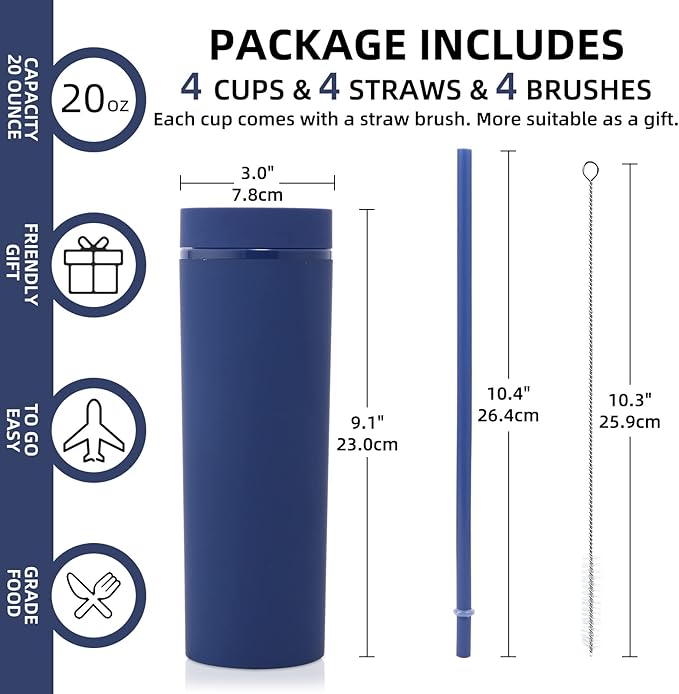 Volhoply 20oz Plastic Skinny Tumblers Bulk 10 Pack,Double Wall Tumbler with Lid and Straw,BPA Free Matte Acrylic Iced Coffee Cups With Straw,Reusable Travel Cute Mug for Party,DIY Gift(Navy, 10 Set)