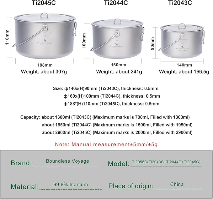 iBasingo 3-Piece Titanium Pot Set (1.3L+1.95L+2.9L) with Lids Ultralight Camping Cookware for Backpacking, Hiking & Outdoor Cooking, Nesting Backpacker Pots with Measurement Marks Ti2056C
