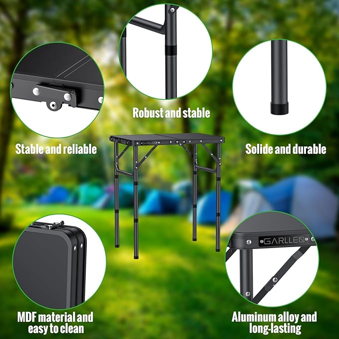 GARLLEN 2ft Folding Camping Table, 3 Adjustable Height Lightweight Folded Picnic Table, Portable Aluminum Grill Table for Camping, BBQ, Outdoor, 22.8" L x 15.7" W, Black