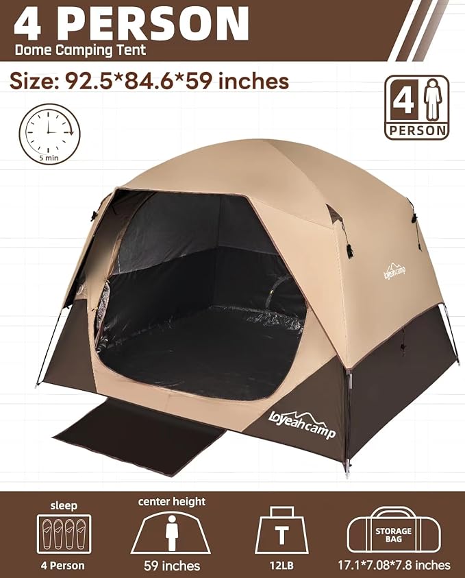 4 Person Blackout Camping Tent, Easy Setup Waterproof Family Dome Tent for Camping with Rainfly, Portable Double Layer Large Family Tent for Outdoor Camping&Hiking