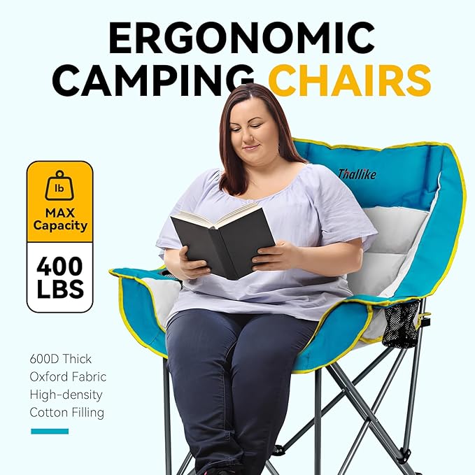 Oversized Camping Chair for Adults – Heavy Duty Folding Chair with Cup Holders, Storage Pocket & Carry Bag – Outdoor Padded Camp Chair for Camping, Backyard, Fishing & Sports – Supports 400lbs