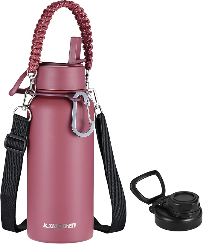 KXIAOCHEN Insulated Water Bottle, Stainless Steel Water Bottle, 2 Lids (Straw and Handle Lid),Wide Mouth Metal Water Bottles Keep Hot and Cold, Double Walled, Thermo Mug, Metal Canteen