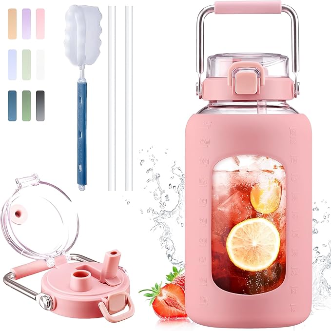 BLUEGO 84oz Water Bottle Glass with Stainless Steel Handle Large 2.5l Water Bottle with Time Markers and Silicone Sleeve Half Gallon Water Jug BPA Free for Gym Daily Use, Pink