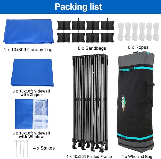 COBIZI 10x30 Pop up Canopy Tent 10x30 Canopy with 8 Sidewalls Waterproof Heavy Duty Commercial for Parties Outdoor Garden Gazebo Tent, Carry Bag with Wheel(10x30ft,Blue)