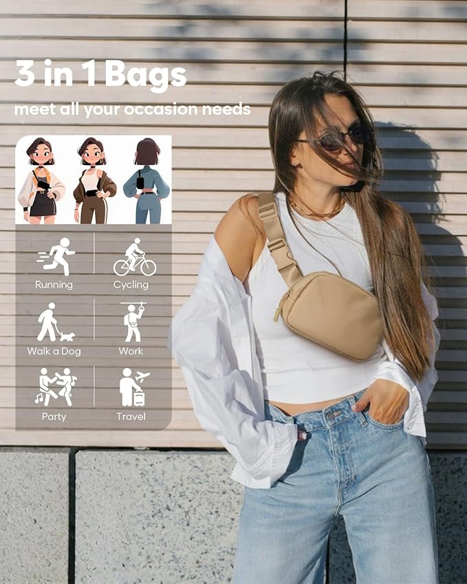 Pritent Fanny Packs for Women Cross Body Bag Waterproof Belt Bag with Adjustable Strap and Zipper Back Pocket Small Crossbody Bags Fashion Waist Packs for Workout Travelling(Khaki)