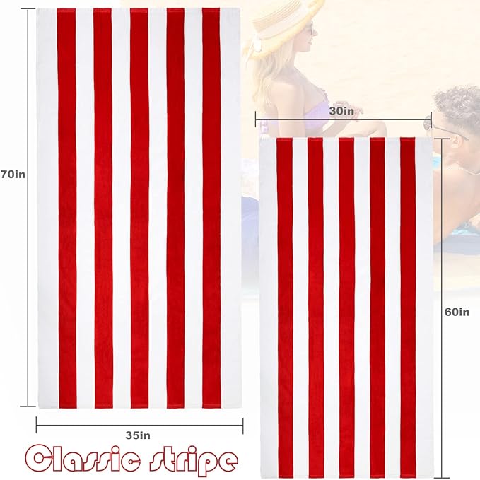 Exclusivo Mezcla 2 Pack Cotton Large 30x60 Inches Cabana Stripe Beach Towels, Super Absorbent Soft Plush Pool Towel Bath Towel (Red)