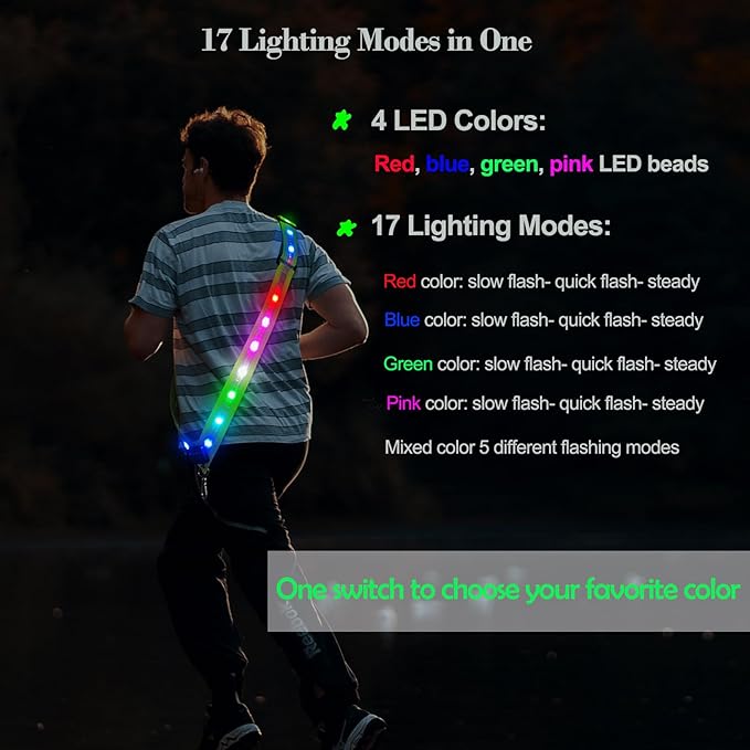 LED Reflective Running Gear Sash 4 Lights Colors in One Adjustable Safety Running Vest Belt for Night Walking High Visibility Running Gear for Men Rechargeable LED Running Belt Reflective Gear