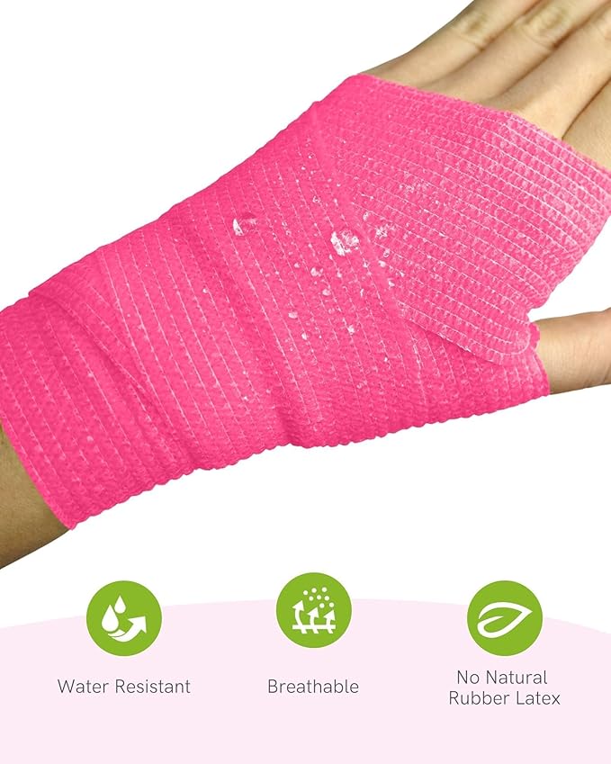 FriCARE Self Adhesive Bandage Wrap, Medical Tape in First Aid Kit, Cohesive Bandages for Wounds Sport Vet, 2 Inches X 5 Yards 6 Rolls, Pink