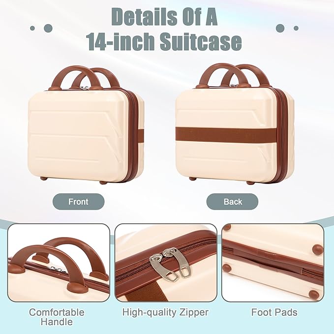 Kids Luggage Sets for Girls, 2 Piece Luggage Set, 20 Inch Rotating Wheel Suitcase with 14 Inch Cosmetic Case, Lightweight Hardshell Suitcase with 360° Spinner Wheels for Travel (Beige)
