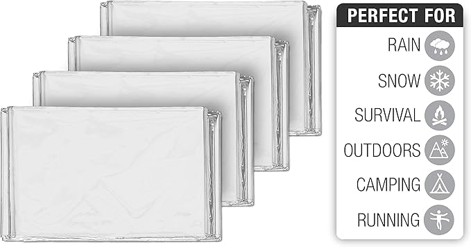Swiss Safe 4 Pack Mylar Emergency Blankets for Survival - Compact & Insulated for Cold Weather - Designed for NASA, Outdoor, Running, Camping, Survival, First Aid Car Kit - Silver, 4 Pack
