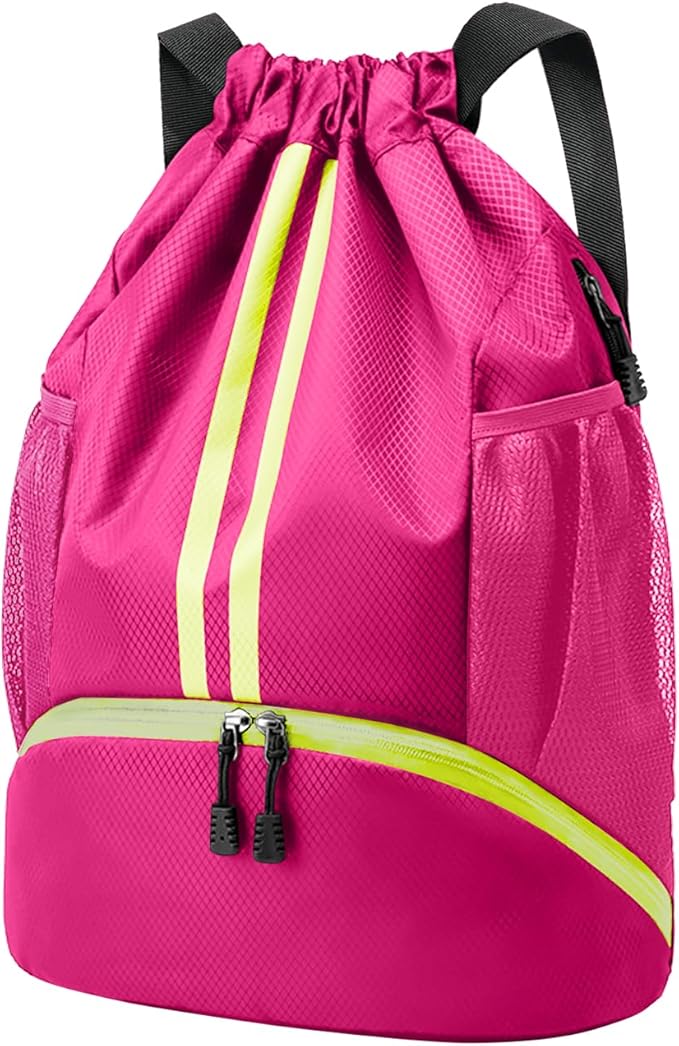 Hoedia Sports Drawstring Backpack - String Swim Gym Bag with Shoes Compartment and Wet Proof Pocket for Women and Men