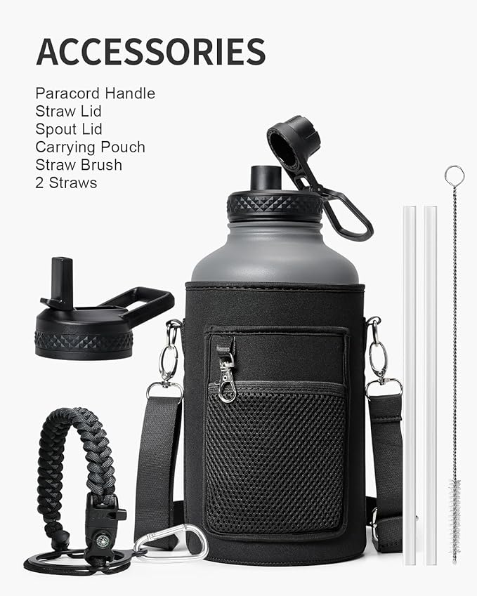 64 oz Insulated Water Bottle,Half Gallon Water Flask Stainless Steel Vacuum, Cold for 48 Hrs,BPA-Free & Leakproof -with Paracord Handle, Strap,Straw Spout Lids,Large Jug for Gym,Grey