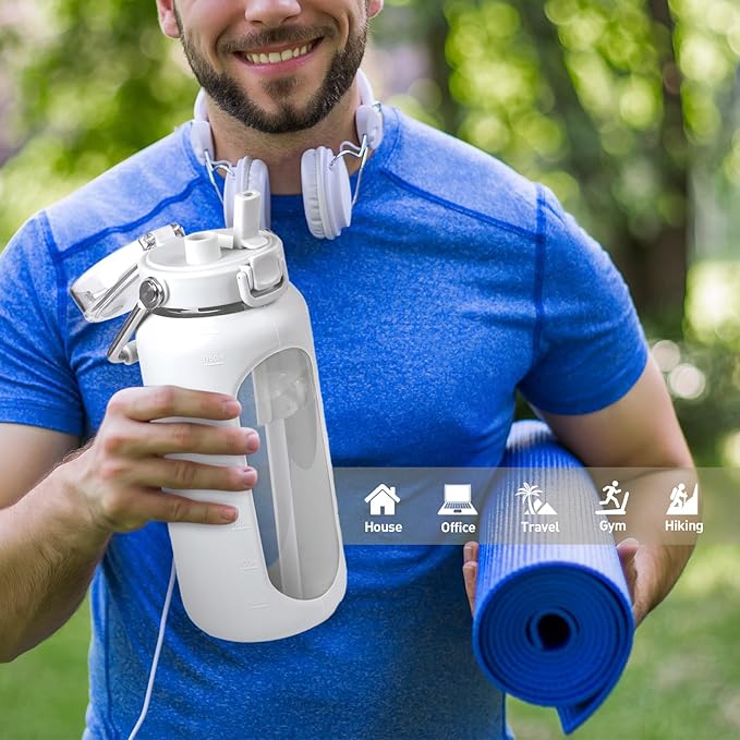 BLUEGO 64oz Water Bottle Glass with Stainless Steel Handle Large Water Bottle with Time Markers and Silicone Sleeve Half Gallon Water Jug BPA Free for Gym Daily Use, White